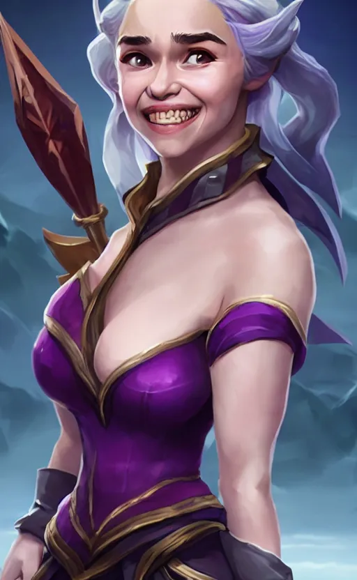 Image similar to Emilia Clarke as a character in the game League of Legends, with a background based on the game League of Legends, smiling, detailed face, old 3d graphics