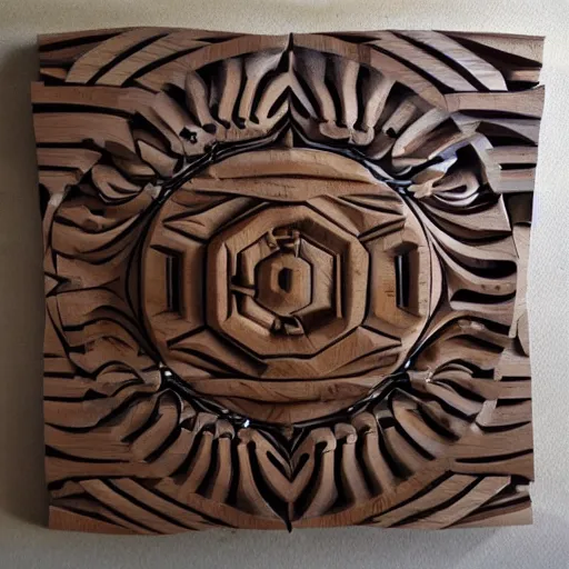 Prompt: wood carving of alternate dimension, warped space time