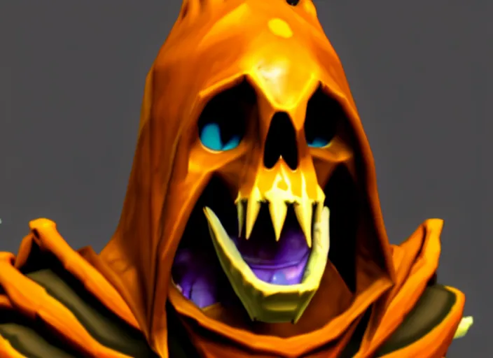 Image similar to hooded skull, with big lower troll - like fangs, stylized stl, 3 d render, activision blizzard style, hearthstone style, crash bandicoot artstyle