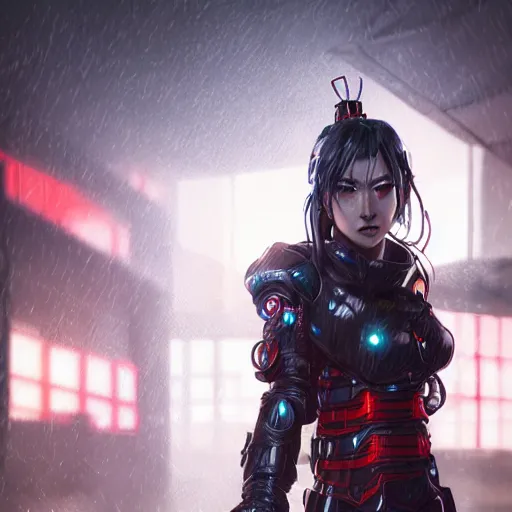 Image similar to An realistic epic fantastic comic book style portrait painting of a female cyber samurai by WLOP, black and reddish color armor, cyberpunk feel raining at tokyo rooftop, Concept world Art, unreal 5, DAZ, hyperrealistic, octane render, cosplay, RPG portrait, dramatic lighting, rim lights