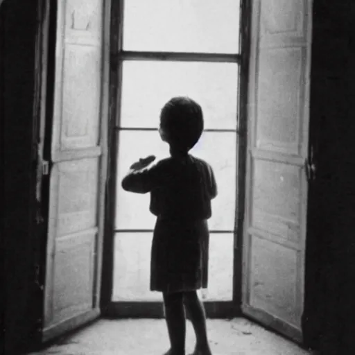 Image similar to creepy child standing behind a window of an old villa. 1 9 2 0 s black and white photo. eerie, foggy.