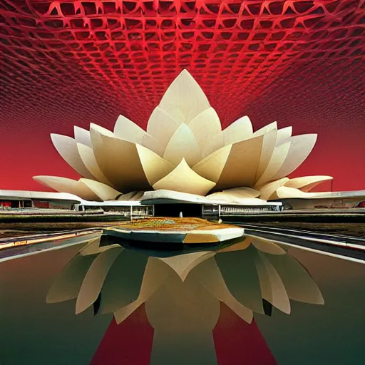 Image similar to futuristic lotus fractal temple with gold, red and white marble panels, in the desert, by buckminster fuller and syd mead, intricate contemporary architecture, photo journalism, photography, cinematic, national geographic photoshoot