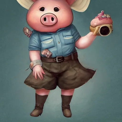 Prompt: cute little anthropomorphic funny female pig wearing shorts, a sunhat, boots and a pale blue shirt!! tiny!! fully clothed!!! small, short, cute and adorable, character art portrait, matte fantasy painting, deviantart artstation, by jason felix by steve argyle by tyler jacobson by peter mohrbacher, cinema