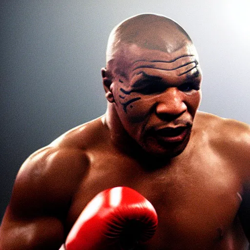 Prompt: mike tyson in a boxing arena, smoky background, rim backlighting