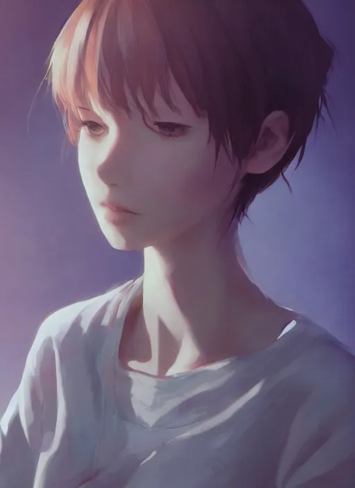 Prompt: portrait of a girl with short hair, complex, applied to tone, ambient lighting, high detail, digital painting, artstation, concept art, 4 k, stunningly beautiful, clear focus, makoto shinkai and akihiko yoshida, hidari and vlop