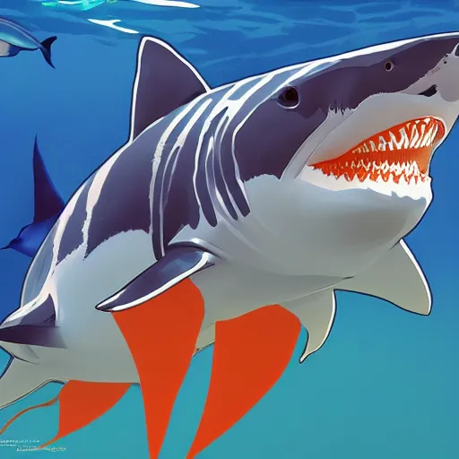 Image similar to great white shark with orange and white striped traffic cones instead of teeth, underwater background detailed atmospheric - ron cheng & alphonse mucha, highly detailed, digital painting, ray tracing, concept art, illustration, smooth sharp focus, intricate, symmetry, artstation,