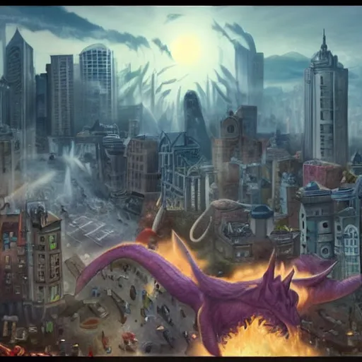 Prompt: giant monster attacking a city