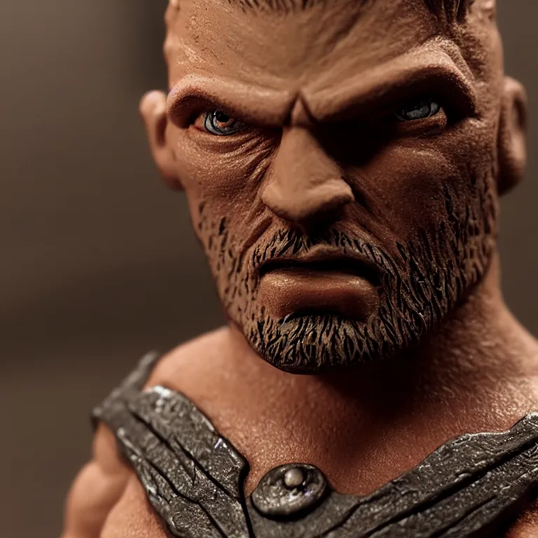 Image similar to a cinematic film still of a claymation stop motion film starring marcus fenix, shallow depth of field, 8 0 mm, f 1. 8