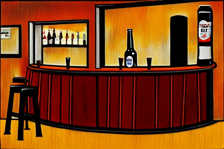 Prompt: a drunken bottle of beer stands a bar yelling at the bar tender, art by dean macadam