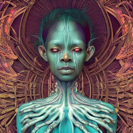 Prompt: symmetry!!, ( decaying corpse of an african moon goddess ), deep inside a temple overgrown with vegetation, by casey weldon and chie yoshii and afarin sajedi, global illumination, radiant light, god rays, bokeh, digital illustration, cg society, unreal engine 5, ray tracing