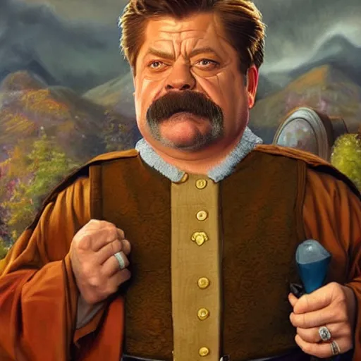 Image similar to a hyperrealistic painting of a dwarven cleric that looks like ron swanson looking stoicly to the right, golden hour, alex ross