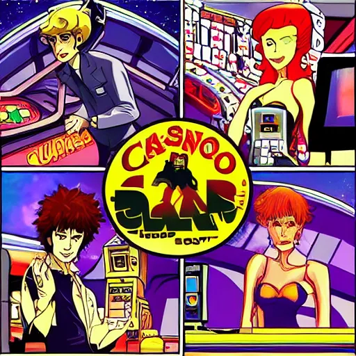 Image similar to a casino in space, drawn in the style of cowboy bebop,