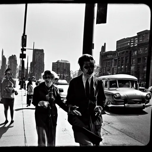 Prompt: street photography from 1961 Chicago, zombies walking politely down the sidewalk, in the style of Vivian Maier