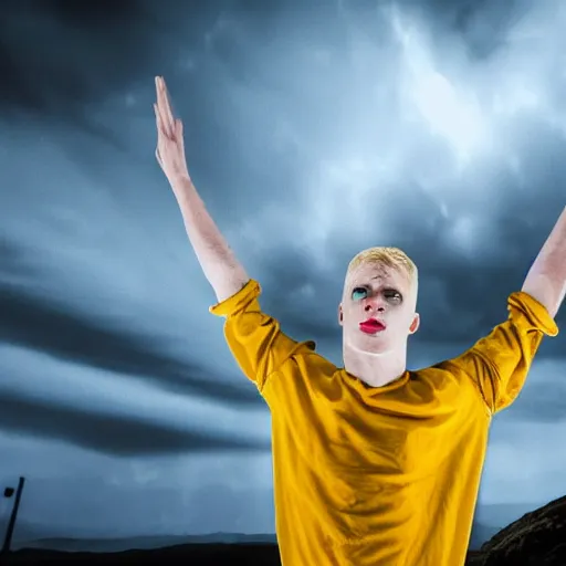 Image similar to A terrifying blue eyed blond pale white god floating with his arms up, his eyes glowing red, casually dressed, his whole body glowing yellow ominously. Shot from below, photorealistic, ominous and apocalyptic dark sky.