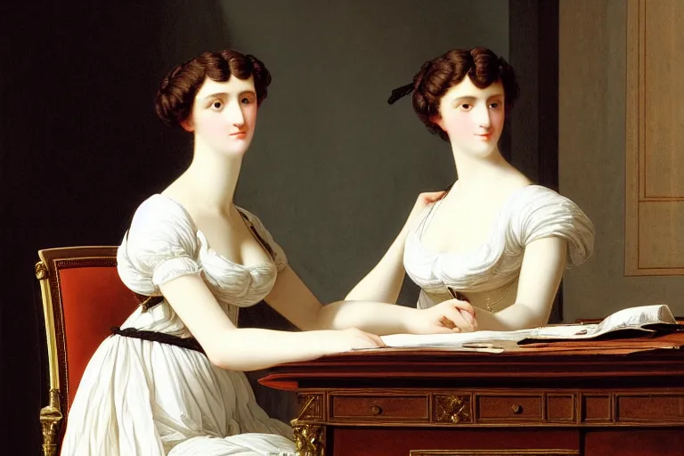 Prompt: georgian dress, directoire style, regency, empire silhouette, lady writing at her desk by vittorio reggianini, bright lighting, perfectly detailed eyes, beautiful hands, pale skin, clear face