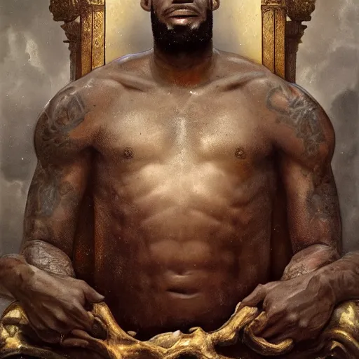 Prompt: lebron james is sitting on the throne of purity | highly detailed matte painting, hyperrealistic, very intrincate | cinematic lighting, award - winning | by rachel ruysch, giger, beksinski and bocklin | by austin osman spare and william blake, trending on artstation, cgsociety, official art, octane.