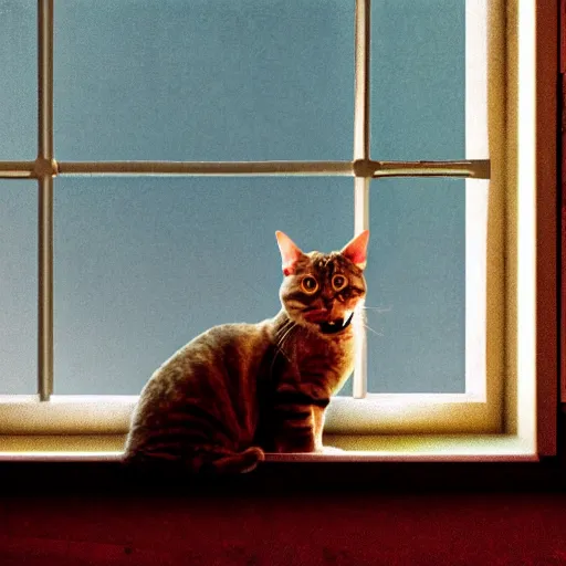 Image similar to a tabby cat looking trought the window, at a nuclear exlosion, realistic photo