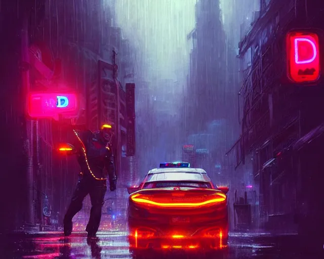 Prompt: police chase, night life, neon glow, heavy rain, deep focus, d & d, fantasy, intricate, elegant, highly detailed, digital painting, artstation, concept art, matte, sharp focus, illustration, hearthstone, art by artgerm and greg rutkowski and alphonse mucha