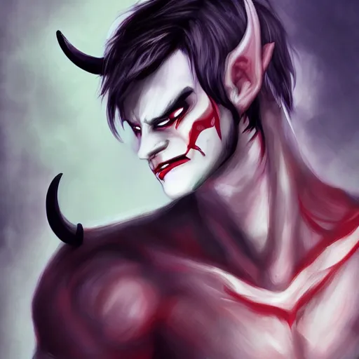 Image similar to fit male demon with white horns, young, careless, full body, still, photograph, digital painting, trending on artstation, masterpiece, in the style of JB Casacop