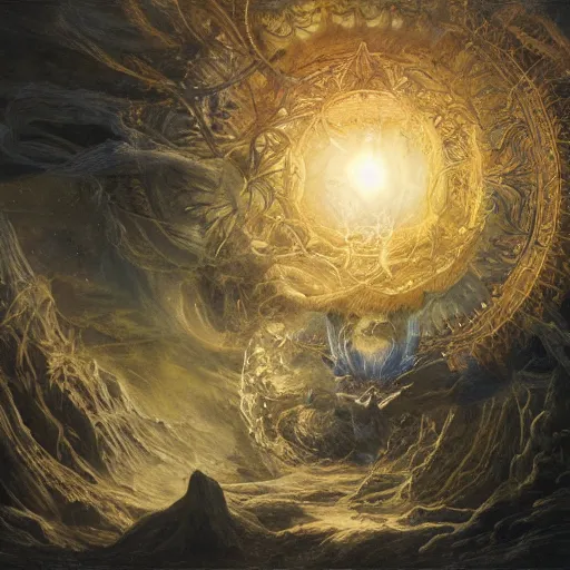Image similar to ellen jewett, beautiful surreal palatial pulsar at dawn, creation of the world, let there be light, light separated from dark, genesis, gustave dore, ferdinand knab, jeff easley, mystical