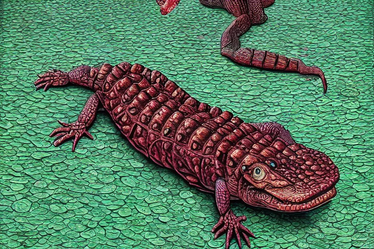 Prompt: a human alligator woman crocodile egg image from codex seraphinianus art by Luigi Serafini, highly detailed, digital painting, cinematic, hyper realism, dark retrowave