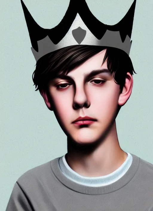 Image similar to portrait of teenage jughead jones wearing a light grey crown, photorealistic, crown, eyes closed, crown, black hair, sweater with letter s on it, letter s, intricate, elegant, glowing lights, highly detailed, digital painting, artstation, concept art, smooth, sharp focus, illustration, art by wlop, mars ravelo and greg rutkowski