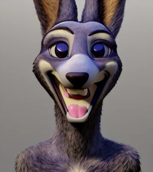 Image similar to painting bust of anthromorphic female wolf, in style of zootopia, zootopia, zootopia, fursona, furry, furaffinity, 4 k, deviantart, furry art, fursona art, wearing black business suit, business suit, in style of zootopia, wolf fursona, cyberpunk, female, expressive detailed feminine face,