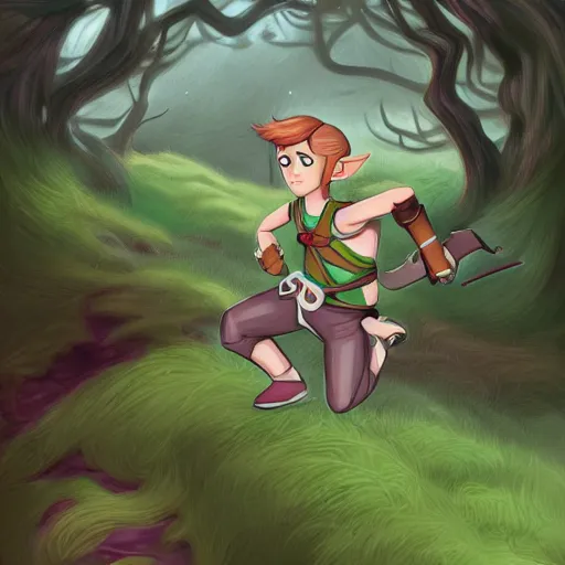 Prompt: link is running to save princess zelda, in forest background, lois van baarle