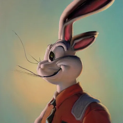 Image similar to a beautiful, soulful oil painting of bugs bunny by craig mullins ; anatomically correct