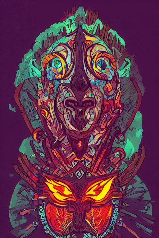 Image similar to totem animal tribal chaman vodoo mask feather gemstone plant wood rock video game illustration vivid color borderlands by josan gonzales and dan mumford radiating a glowing aura