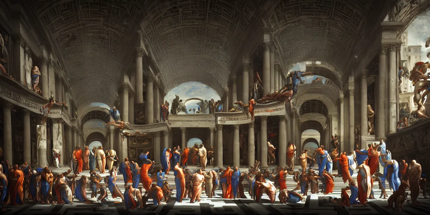 Image similar to the school of athens paiting, cyberpunk, hyper detailed, neon, concept art, award winning concept art