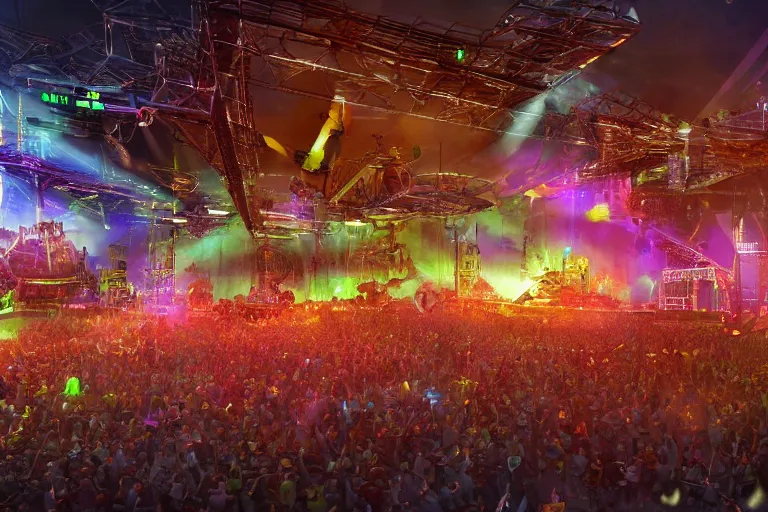 Image similar to a huge outdoor festival stage, center of the stage is a huge futuristic steampunk generators surrounded by steampunk machinery with huge loudspeakers, rock musicians on the stage, laser show, 8 k, fluorescent colors, halluzinogenic, multicolored, exaggerated detailed, unreal engine