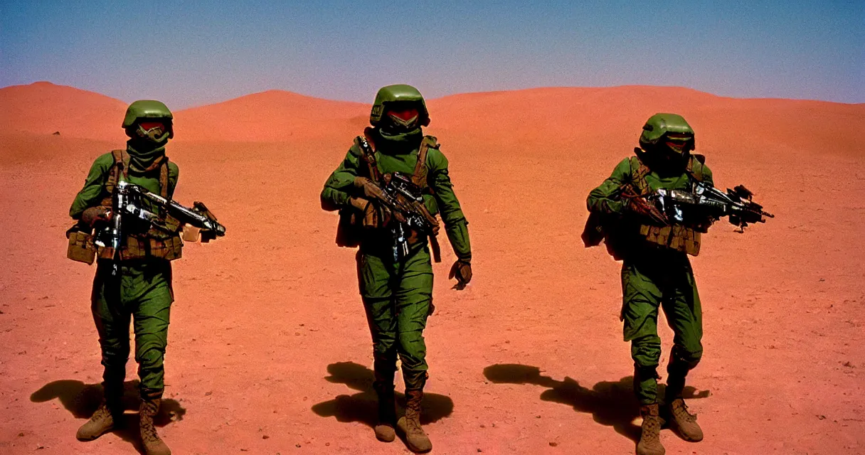 Image similar to in a dusty red desert, a team of five swat future soldiers in dark green tactical gear like death stranding and halo hike. They 're afraid. mid day, heat shimmering, color, 35mm film photography, lawrence of arabia