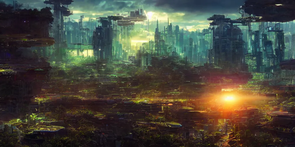 Image similar to a cinematic composition depicting : a translucid crystal - being viewing how a lush solarpunk civilization with their technology is encroaching on a distant cyberpunk world at sunrise