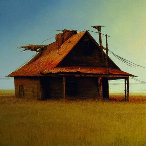 Image similar to an abandoned old rusty American house on a field oil painting in style of Zdislaw Beksinski