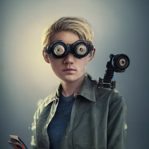 Prompt: rough and moody, colorful, highly detailed painting, science fiction, isolated awkward brilliant female blond teenage tomboy girl with short hair, wearing victorian goggles, reading engineering book, octane render, artstation, michael whelan, ron cobb, digital illustration