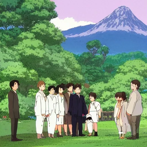 Prompt: STUDIO GHIBLI | a wedding at the farm, happy antropomorphic farm animals wearing wedding suits and robes, extended family, outside, mountain background, by Studio Ghibli, still picture, perfect movie shot, animation masterpiece, composition, frame