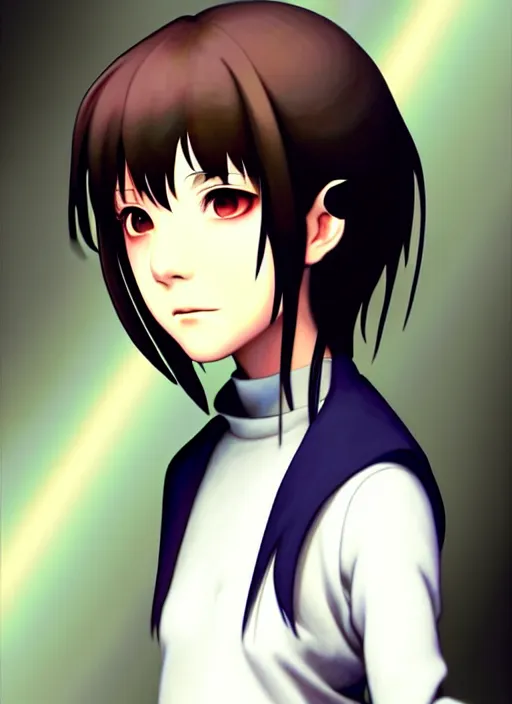 Image similar to a beautiful portrait painting of lain from serial experiments : lain. character design by shinji aramaki, charlie bowater, ross tran, artgerm, and makoto shinkai