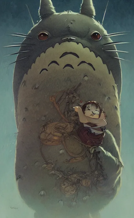 Image similar to a detailed portrait of totoro but with human skin, concept art, deep focus, fantasy, intricate, highly detailed, digital painting, artstation, matte, sharp focus, illustration, art by greg rutkowski and alphonse mucha