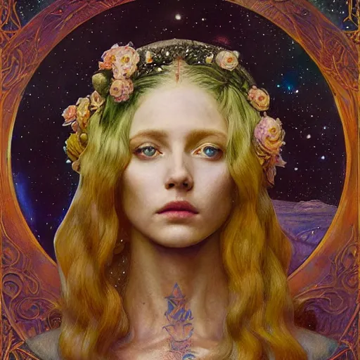 Image similar to queen of the moon with stars in her hair, by annie swynnerton and tino rodriguez and nicholas roerich and jean delville and donato giancola and tom bagshaw, dramatic lighting, floral tattoos, rich colors, smooth sharp focus, extremely detailed, adolf wolfli