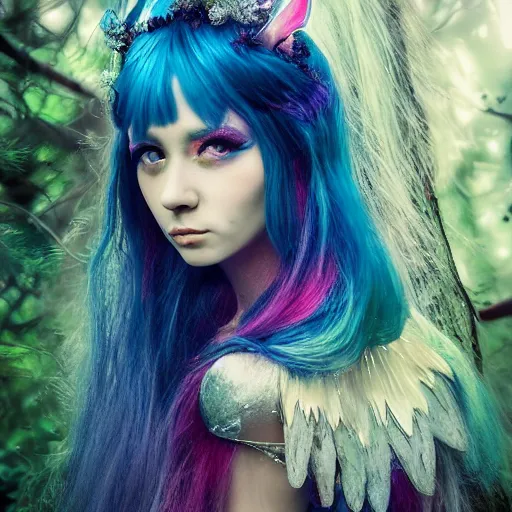 Prompt: portrait by bella kotak, beautiful fairy with rainbow fairy wings, a forest clearing in the background, bright symmetrical eyes, luminescent colors, otherworldly, high fantasy art, soft glow, iridescent colors, ethereal aesthetic, fashion photography, intricate design, fae elements, detailed shiny blue hair, whimsical, atmospheric,