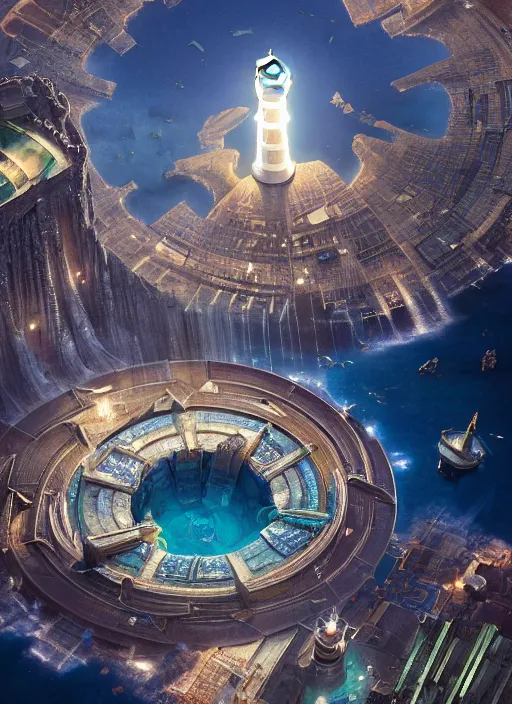 Prompt: Aerial shot of Atlantis, a city divided in different rings, each ring representing a district of the town, the huge lighthouse and the library tower overshine in the picture + dim volumetric lighting, 8k octane beautifully detailed render, post-processing, extremely hyperdetailed, intricate, epic composition, grim yet sparkling atmosphere, cinematic lighting + masterpiece, trending on artstation