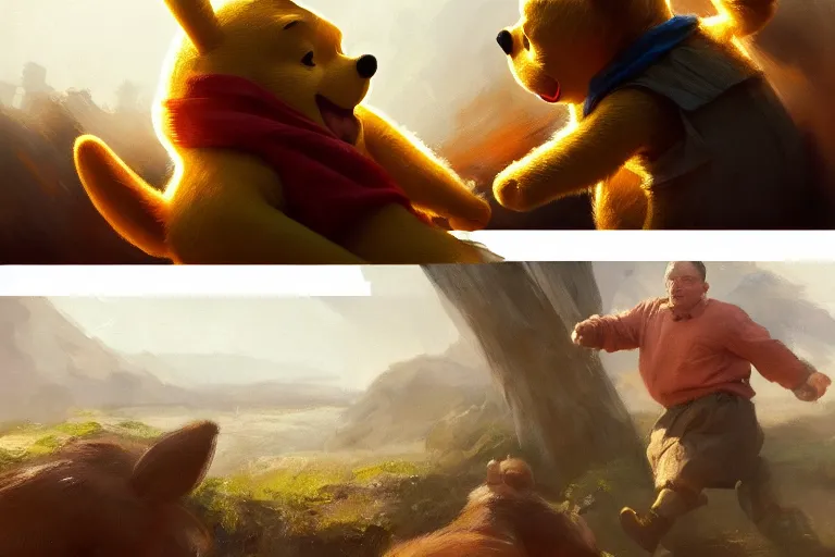 Image similar to winnie the pooh vs pikachu, fist fight, detailed faces, putin face, in battle by anders zorn, wonderful, masterpiece by greg rutkowski, beautiful cinematic light, by greg manchess, jessica rossier