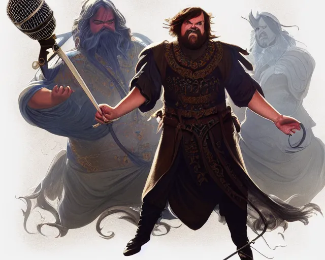 Image similar to photography of jack black singing the best song in the world in a microphone, deep focus, d & d, fantasy, intricate, elegant, highly detailed, digital painting, artstation, concept art, matte, sharp focus, illustration, hearthstone, art by artgerm and greg rutkowski and alphonse mucha