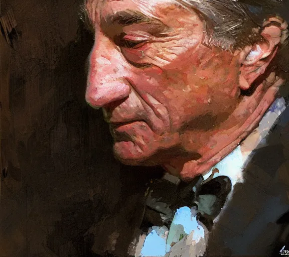 Prompt: a hyper-detailed photograph of Robert DeNiro by Craig Mullins; oil on canvas; trending on artstation