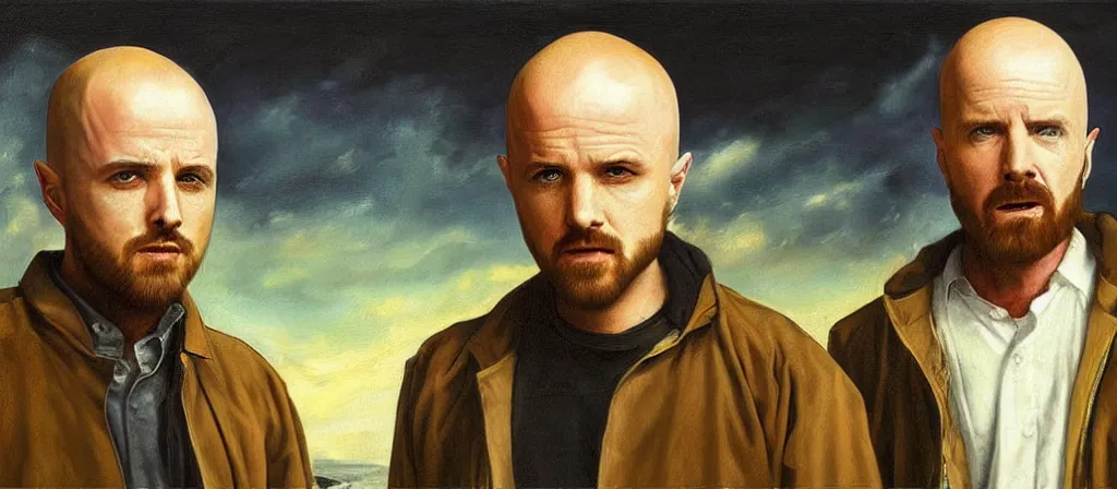 Prompt: an ultra detailed beautiful oil painting of jesse pinkman and heisenberg from breaking bad, colorful, soft shading, by sargent, by giovanni strazza, by raffaelo monti