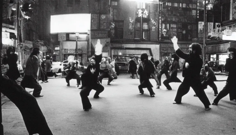 Image similar to 70s movie still of Karl Marx doing kung-fu , cinestill 800t 18mm heavy grain, cinematic, dramatic dark lighning, brooklyn at night neon boards