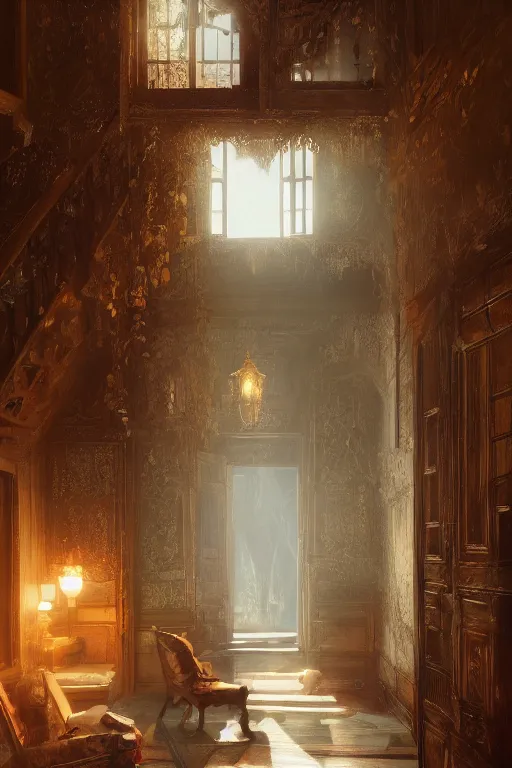 Image similar to inside an old house, intricate, elegant, volumetric lighting, scenery, digital painting, highly detailed, artstation, sharp focus, illustration, concept art,ruan jia, steve mccurry