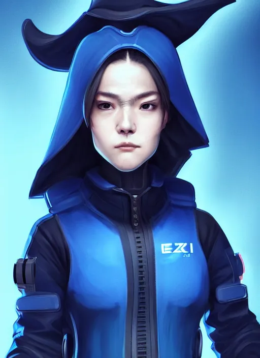 Image similar to full body portrait of a blue techwear uniform witch with guns. detailed face, concept art, digital art, intricate, highly detailed 8 k, smooth, sharp focus, beautiful and aesthetic shape of face and body, artgerm, artstation, art by zexi guo and nira and kafun and gharliera and rinotuna