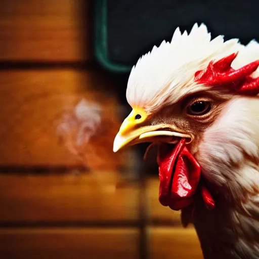 Image similar to a chicken smoking a cigarette in an Aberdeen pub 35mm 4k photoshoot moody dark dingy highly detailed accurate and photorealistic